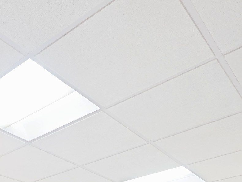 Suspended ceiling tiles and grid with LED panels