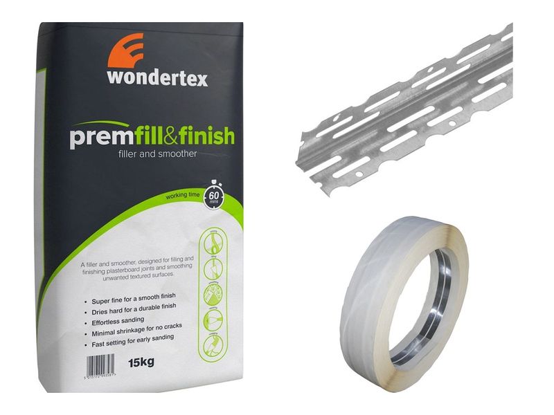 Fill and finish compound bag, angle bead and metal corner tape