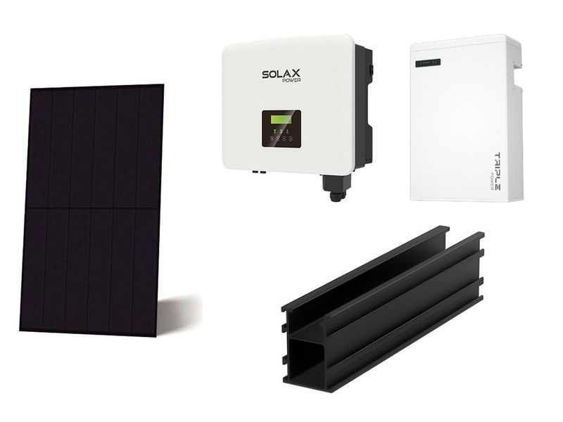 Solar panel, hybrid inverter, battery and mounting rail